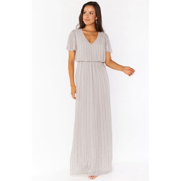 Show Me Your MuMu Michelle Flutter Maxi Dress Dove Grey Beaded Sz XXS, Wedding - Picture 1 of 7